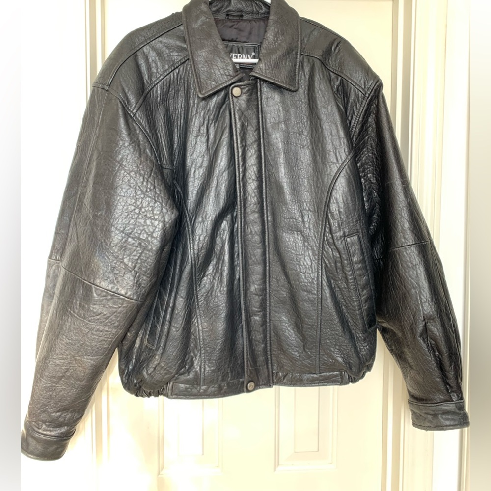 GIVERNY Men's Vintage Black Leather Zip Up Jacket, Size L